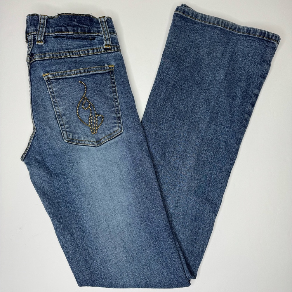 Baby Phat Jeans Womens Size 1 Low Rise Flare Blue Denim Y2K Embroidered Logo - Picture 2 of 10